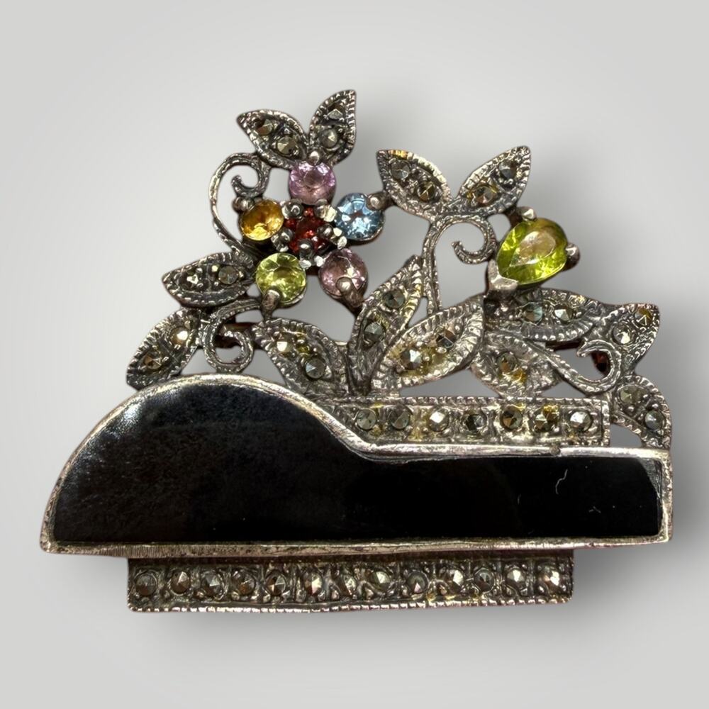 Vintage 925 Sterling Silver  Floral Filigree Bar Brooch Pin Signed